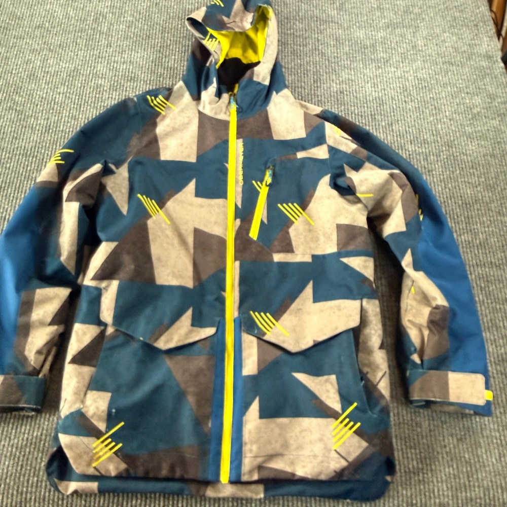 Obermeyer Kids Ski Jacket Geometric Teen XL 18 Blue Yellow Hooded Winter Coat